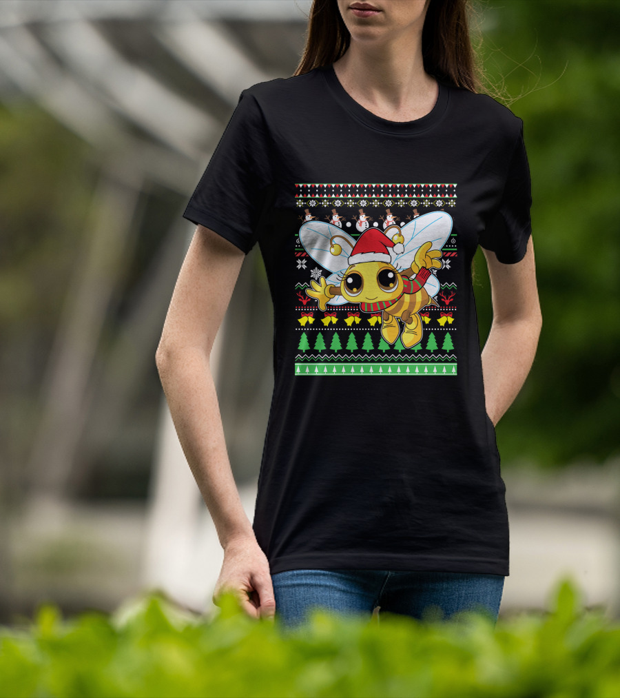 UglyBee Santa Claus Lovely Christmas Sweater Pattern With Cartoon Bee T-Shirt