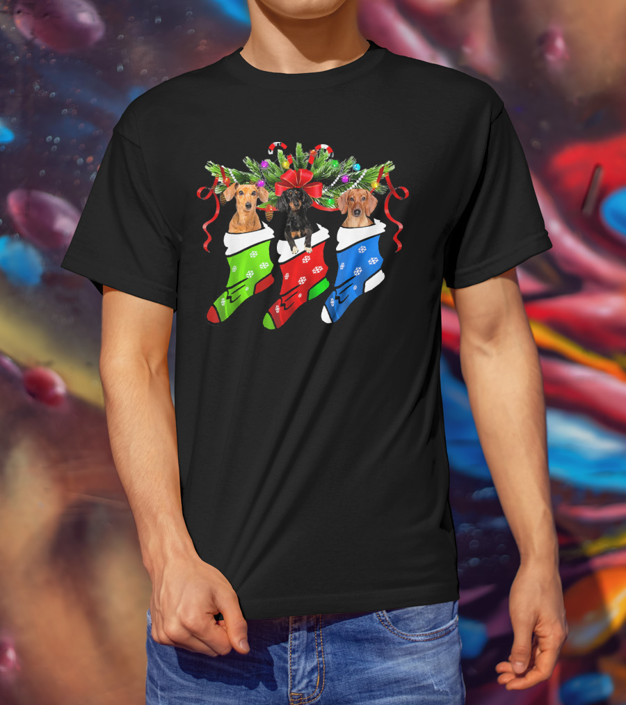 Mens Funny Three Dachshund In Christmas Stockings T-Shirt