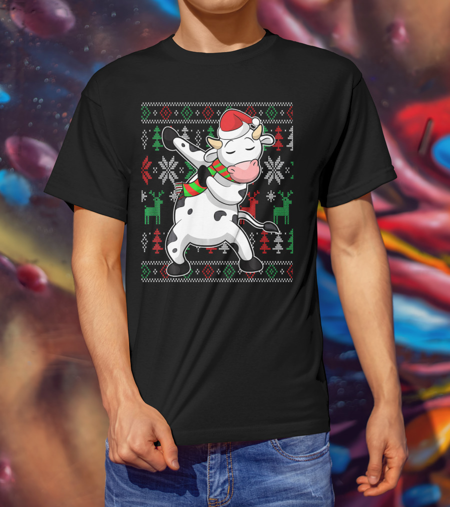 Ugly Christmas Dabbing Santa Cow With Festive Reindeer And Snowflakes T-Shirt