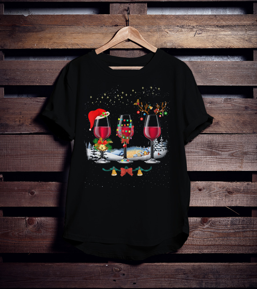 Three Christmas Red Wine Glasses Santa Hat Reindeer Lights Snowy Village T-Shirt