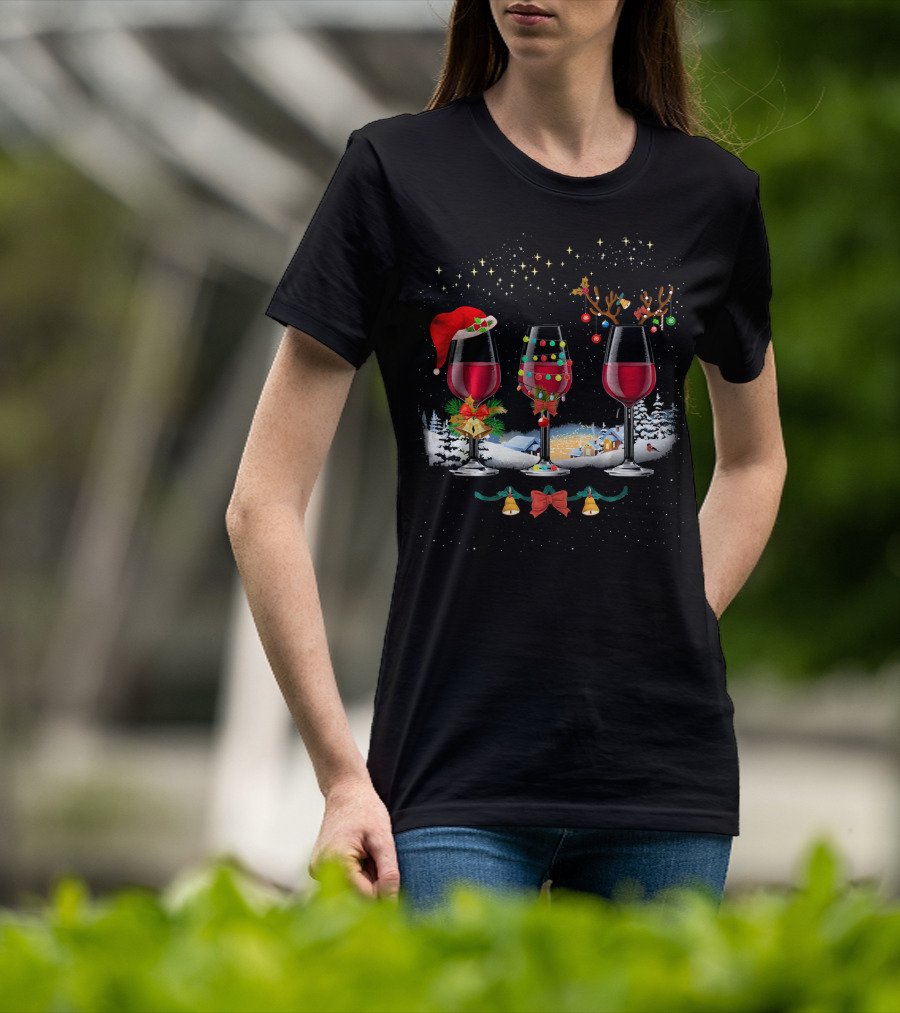 Three Christmas Red Wine Glasses Santa Hat Reindeer Lights Snowy Village T-Shirt