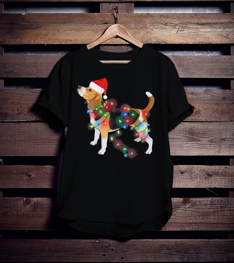 Beagle With Christmas Lights And Santa Hat T-Shirt