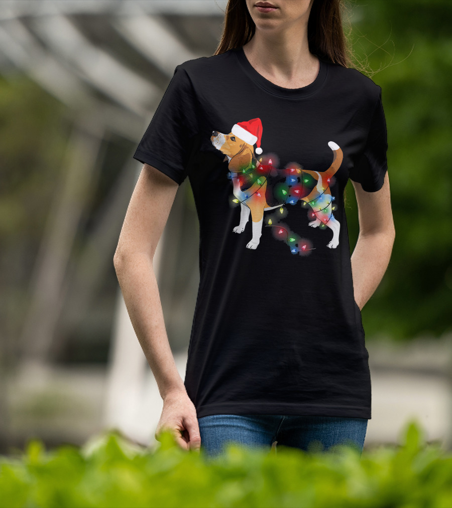 Beagle With Christmas Lights And Santa Hat T-Shirt