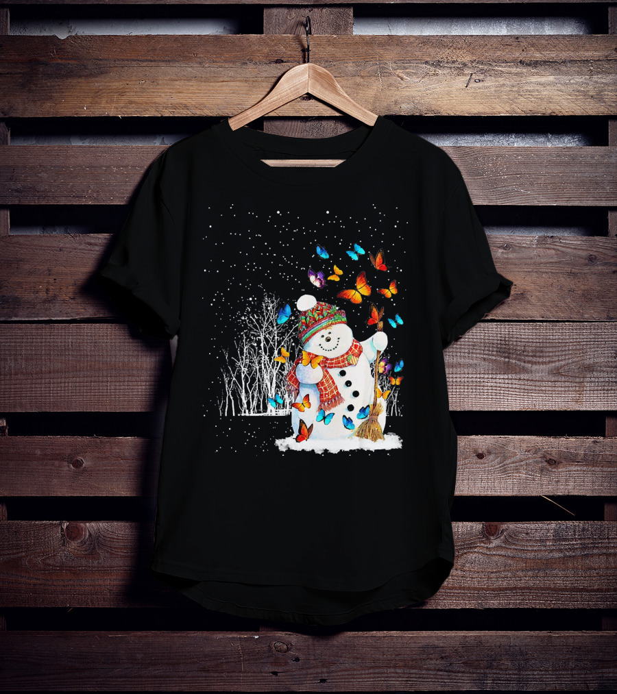 Snowman With Butterflies In A Snowy Forest T-Shirt