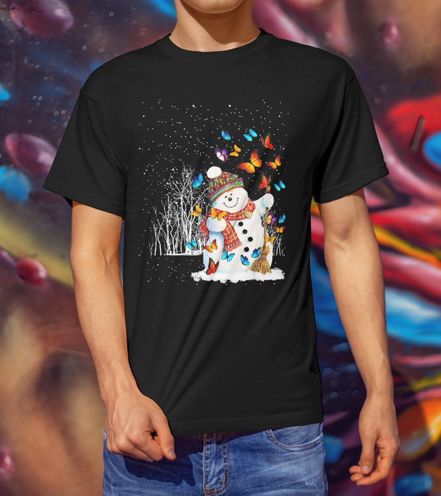Snowman With Butterflies In A Snowy Forest T-Shirt