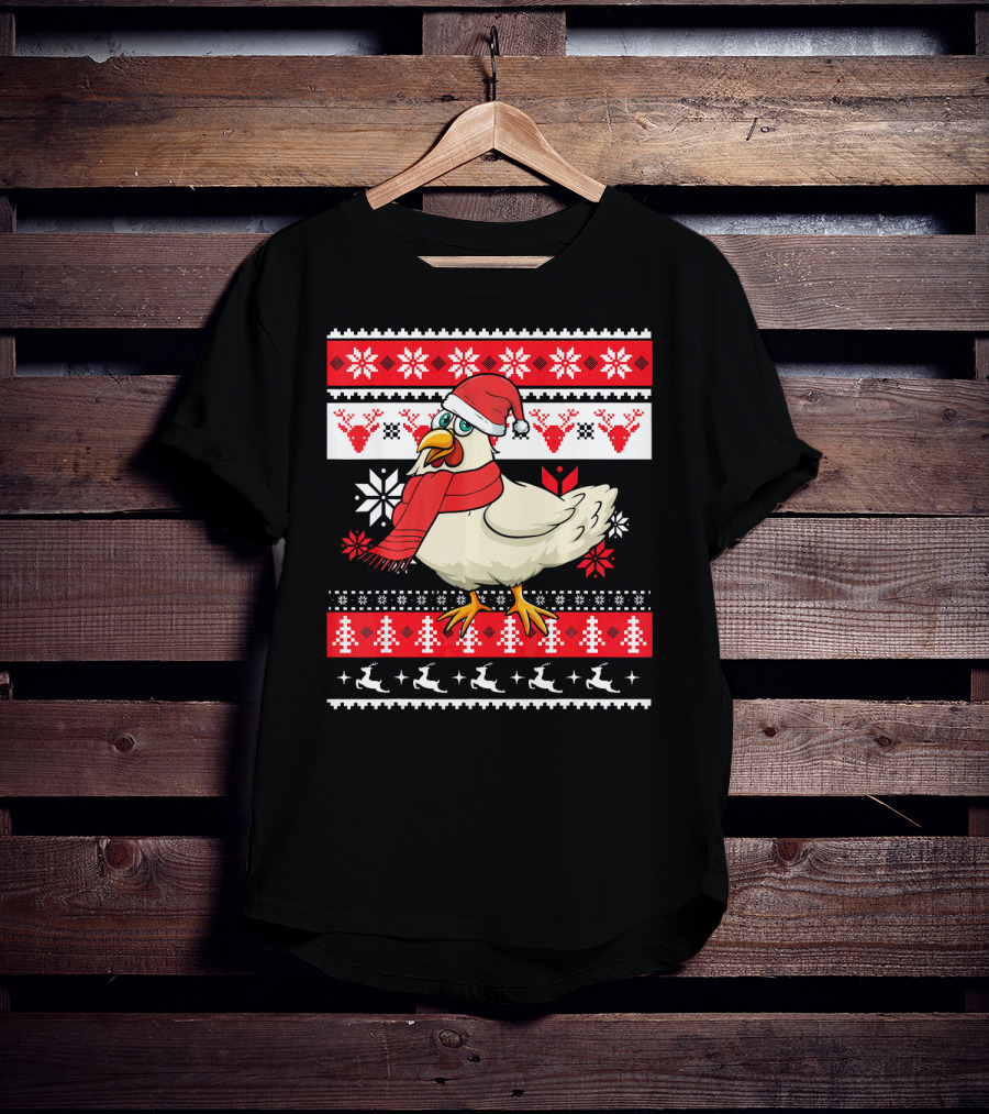Ugly Christmas Chicken Santa Hat Snowflakes Reindeer Red Scarf T-Shirt