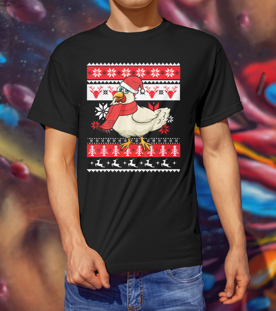 Ugly Christmas Chicken Santa Hat Snowflakes Reindeer Red Scarf T-Shirt