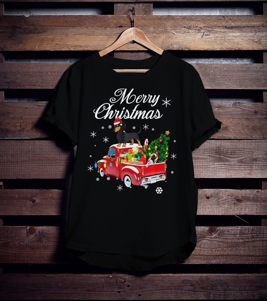 Merry Christmas Dachshund On Red Truck With Gifts And Tree T-Shirt