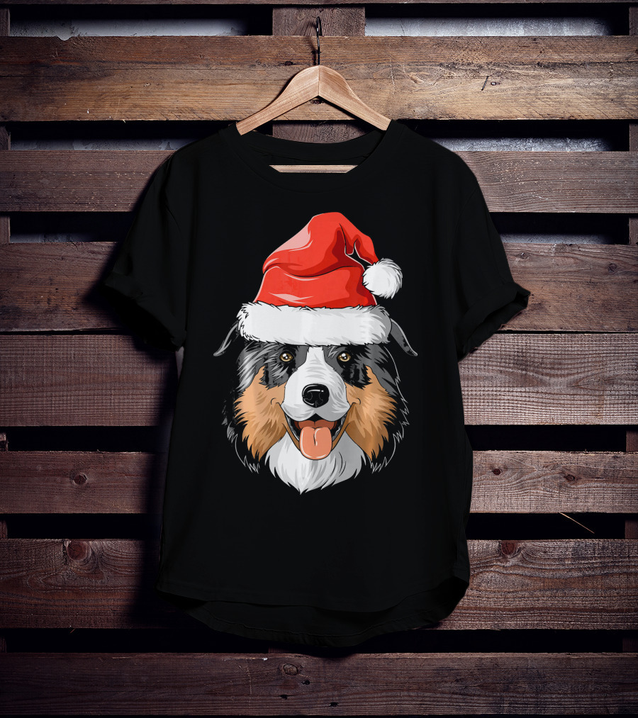 Australian Shepherd Dog Wearing Festive Santa Hat T-Shirt