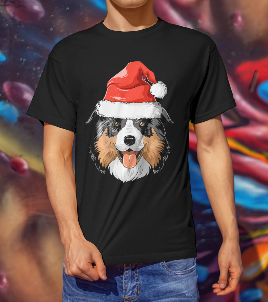 Australian Shepherd Dog Wearing Festive Santa Hat T-Shirt