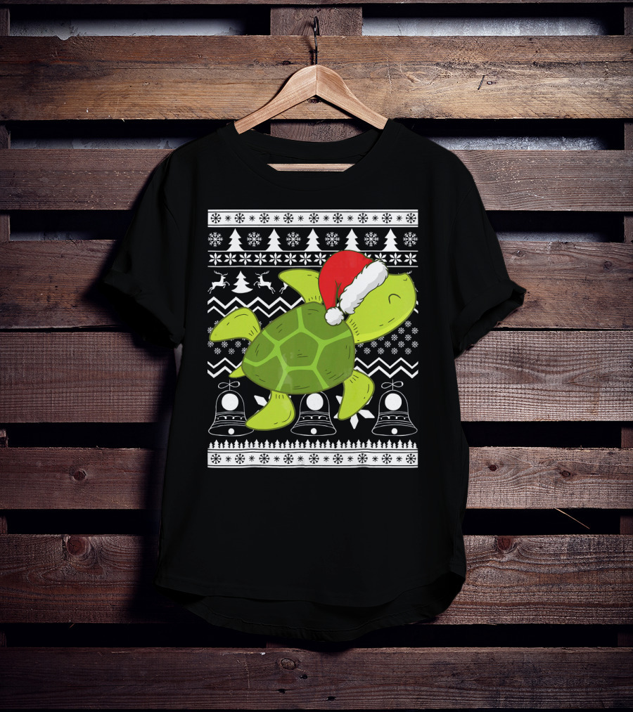 Sea Turtle Santa Holiday Sweater Design With Christmas Bells, Reindeer, Trees, And Snowflakes T-Shirt