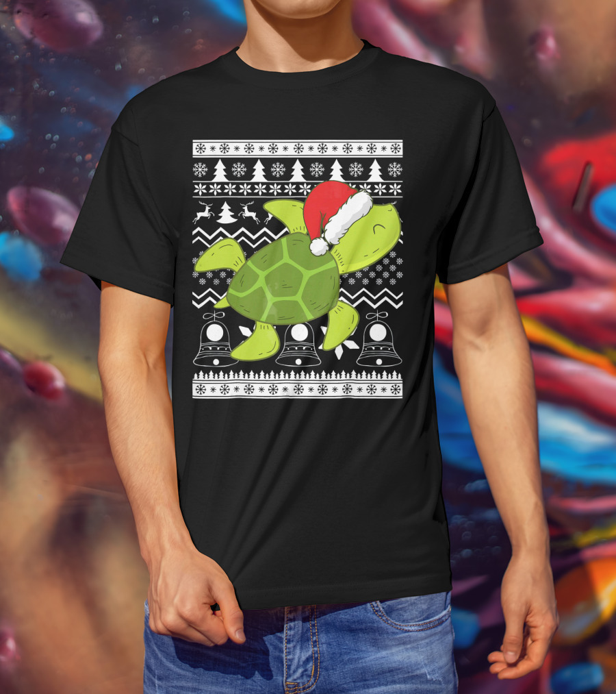 Sea Turtle Santa Holiday Sweater Design With Christmas Bells, Reindeer, Trees, And Snowflakes T-Shirt