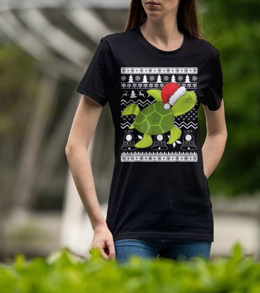 Sea Turtle Santa Holiday Sweater Design With Christmas Bells, Reindeer, Trees, And Snowflakes T-Shirt
