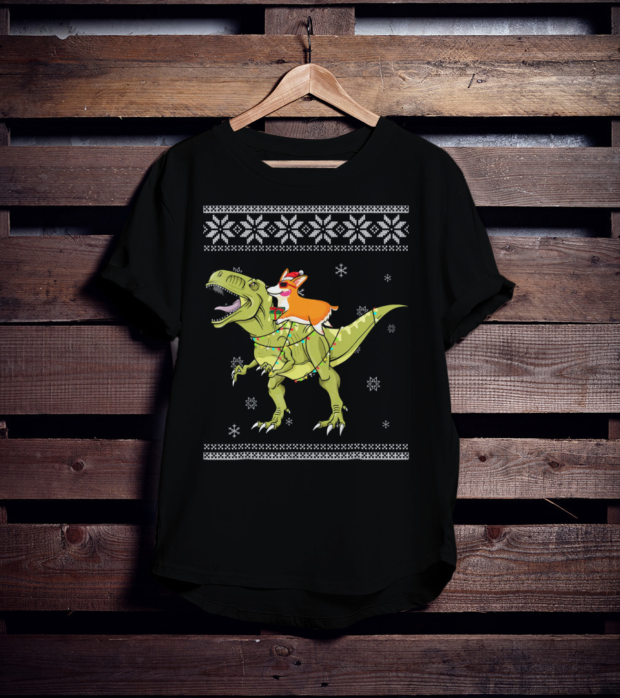 Corgi Riding T-Rex Dinosaur Christmas Lights Snowflakes Ugly T-Shirt