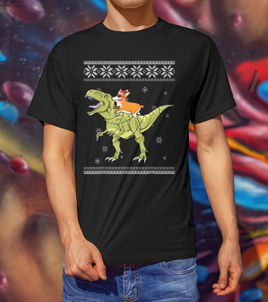 Corgi Riding T-Rex Dinosaur Christmas Lights Snowflakes Ugly T-Shirt