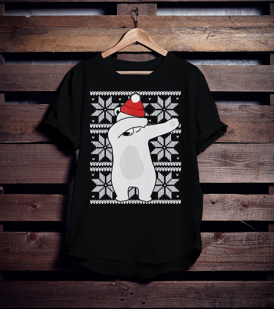 UGLY CHRISTMAS Dabbing Polar Bear In Santa Hat With Snowflake T-Shirt