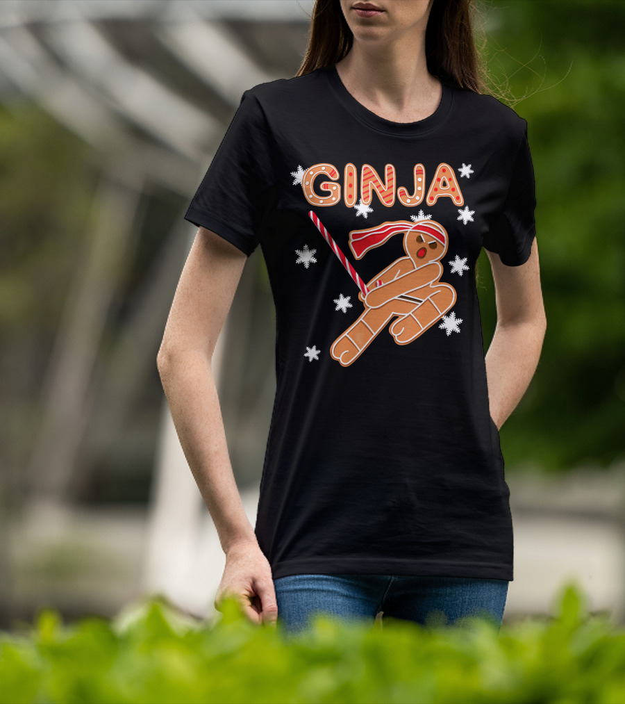 Gingerbread Ginja Funny Christmas Ninja Candy Cane Snowflakes T-Shirt