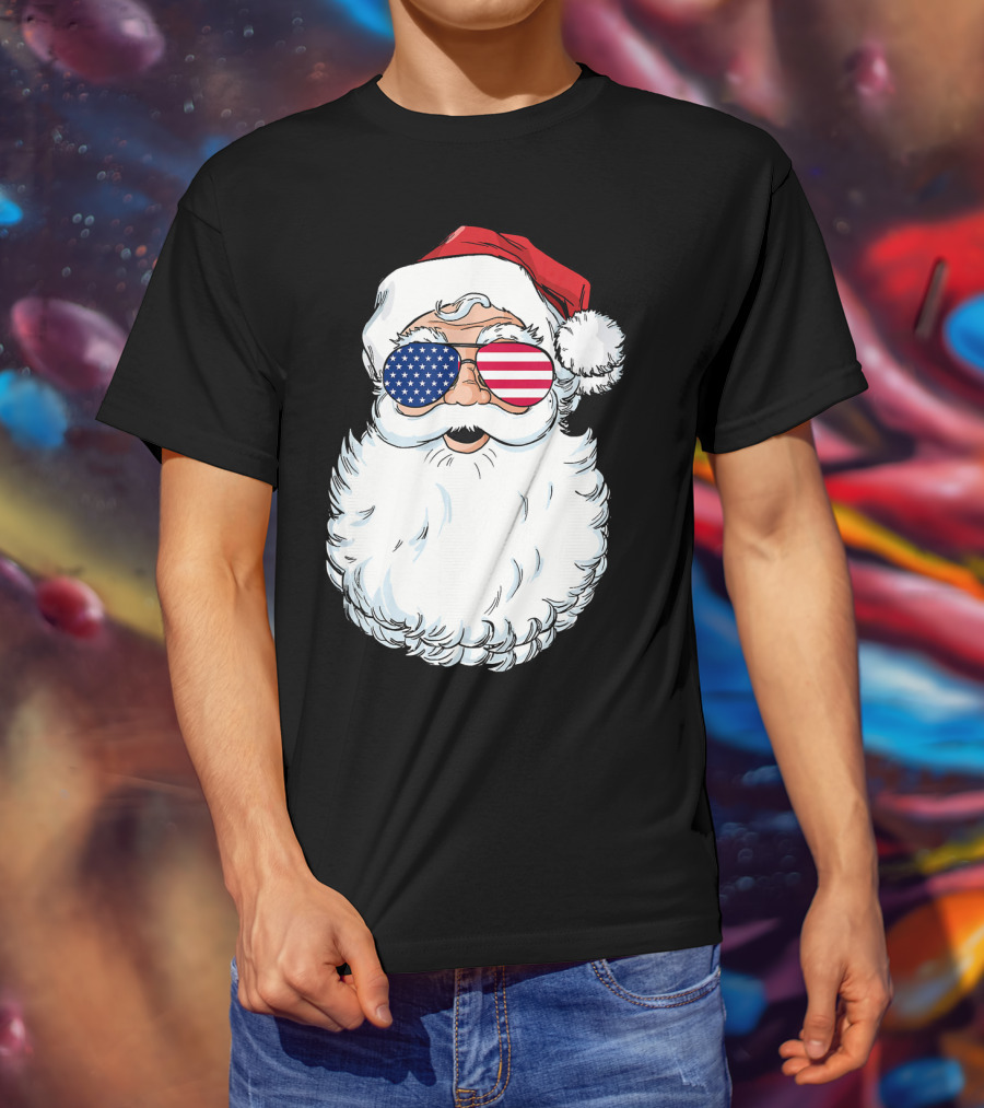 Santa Claus Patriotic USA Sunglasses Christmas T-Shirt