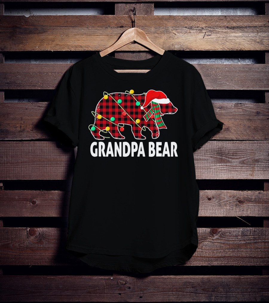 Grandpa Bear Plaid Christmas Hat Family Holiday Lights T-Shirt