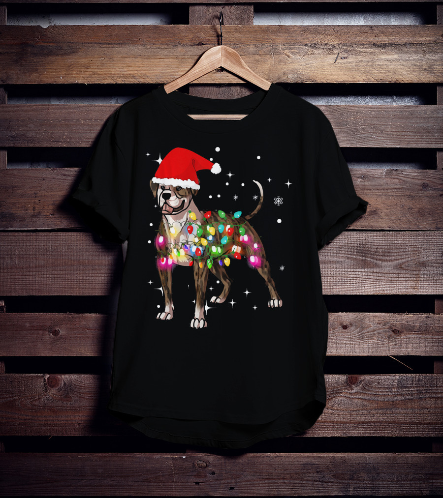 Christmas Lights American Bulldog Santa Hat Snowflakes T-Shirt