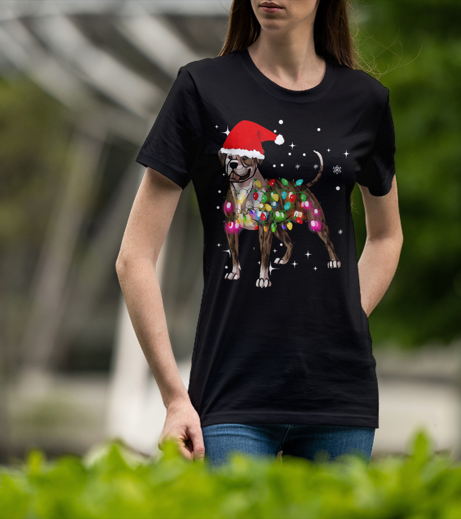 Christmas Lights American Bulldog Santa Hat Snowflakes T-Shirt