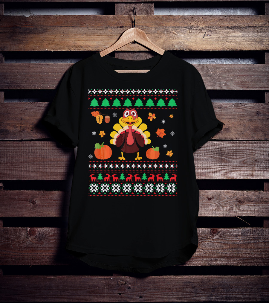 Thanksgiving Turkey Ugly Christmas Sweater Design With Pumpkins And Autumn Leaves T-Shirt