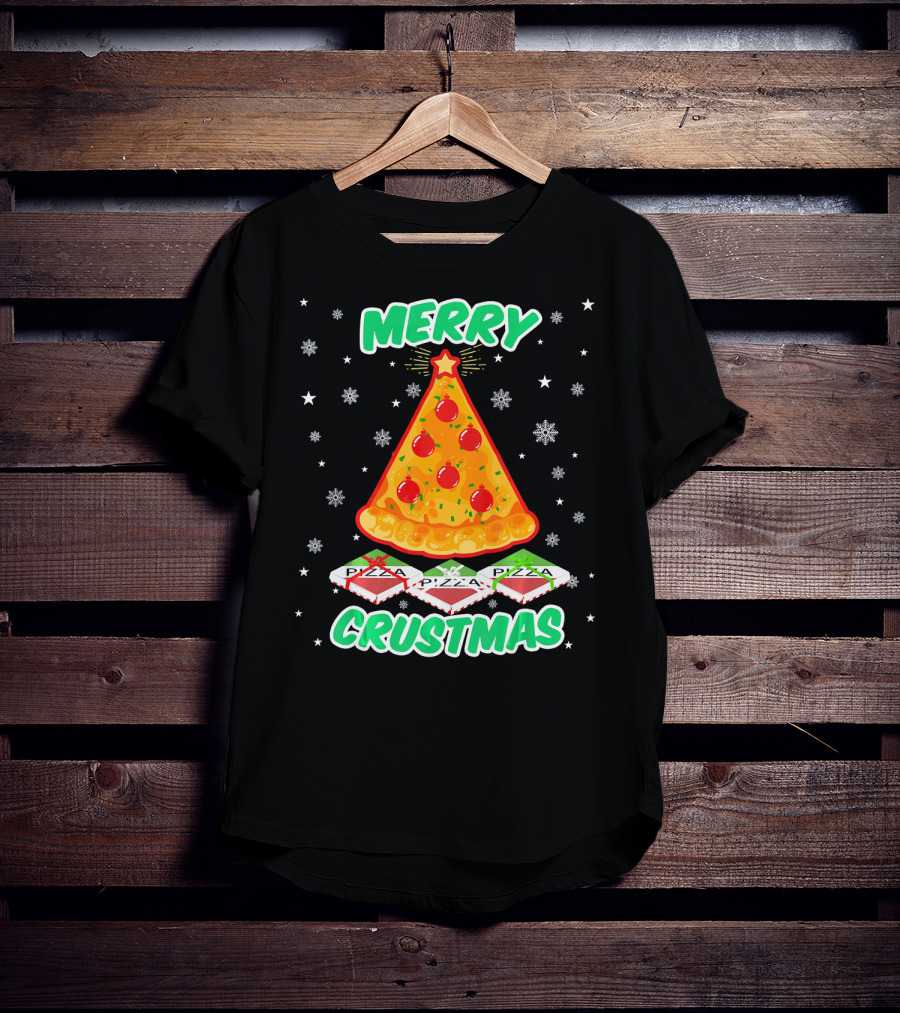 MERRY CRUSTMAS Funny Pizza Christmas Tree With Snowflakes And Pizza Boxes T-Shirt