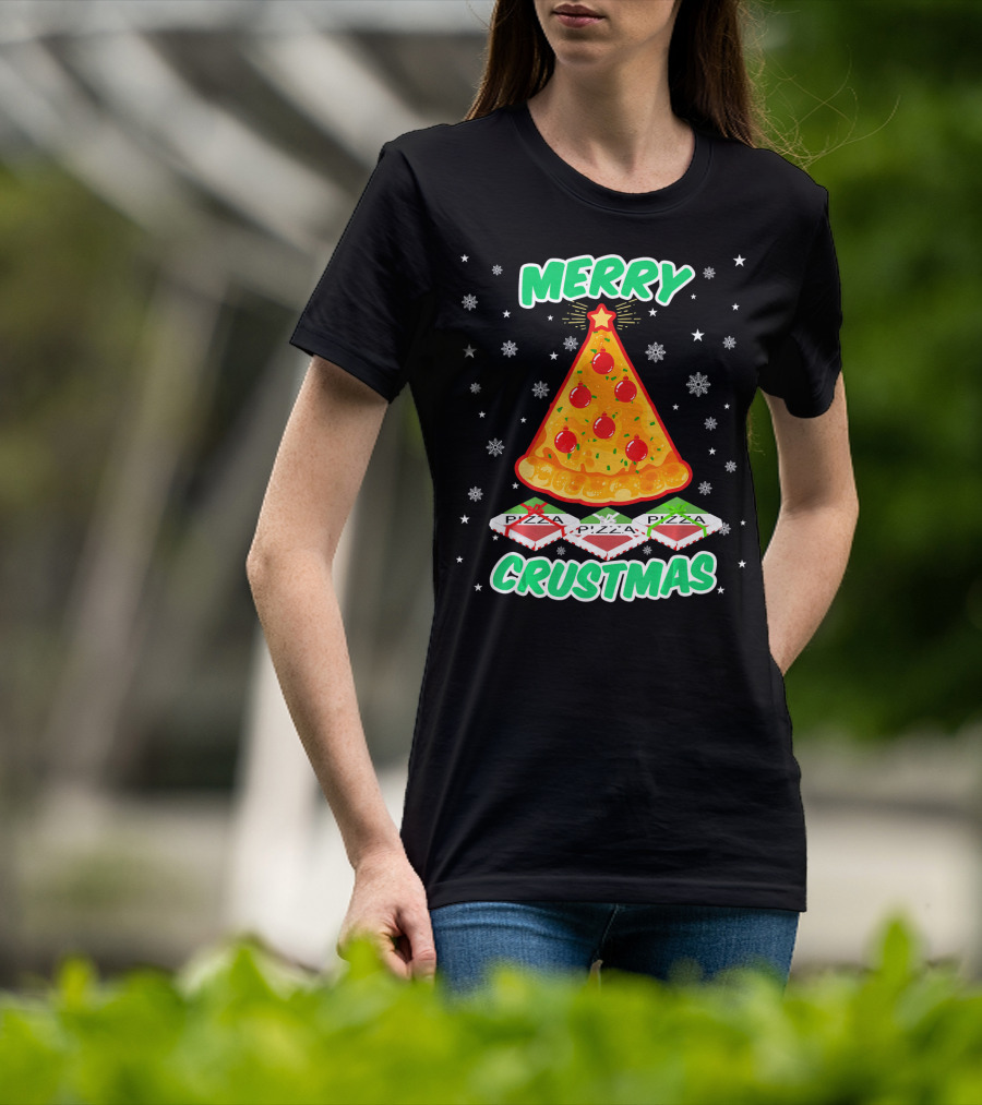 MERRY CRUSTMAS Funny Pizza Christmas Tree With Snowflakes And Pizza Boxes T-Shirt