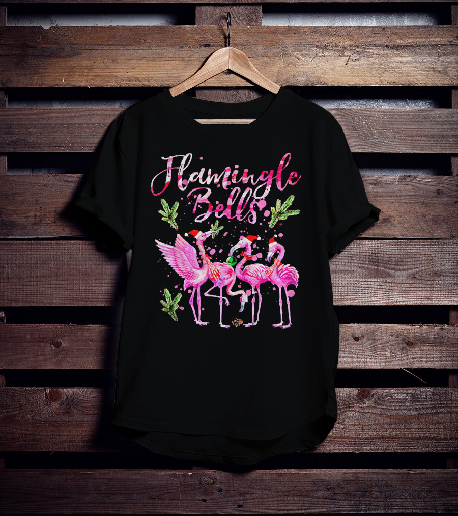 Flamingle Bells Flamingos With Christmas Santa Hats And Holiday Greenery T-Shirt
