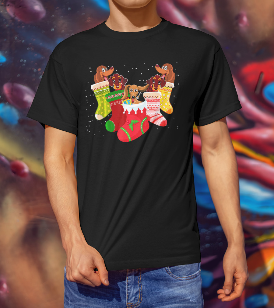 Playful Dachshunds In Colorful Christmas Socks Festive Humor T-Shirt