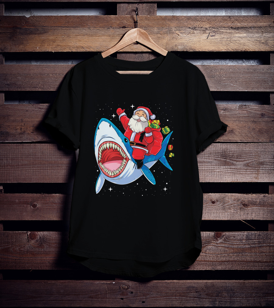 Santa Claus Riding A Shark With Gifts T-Shirt