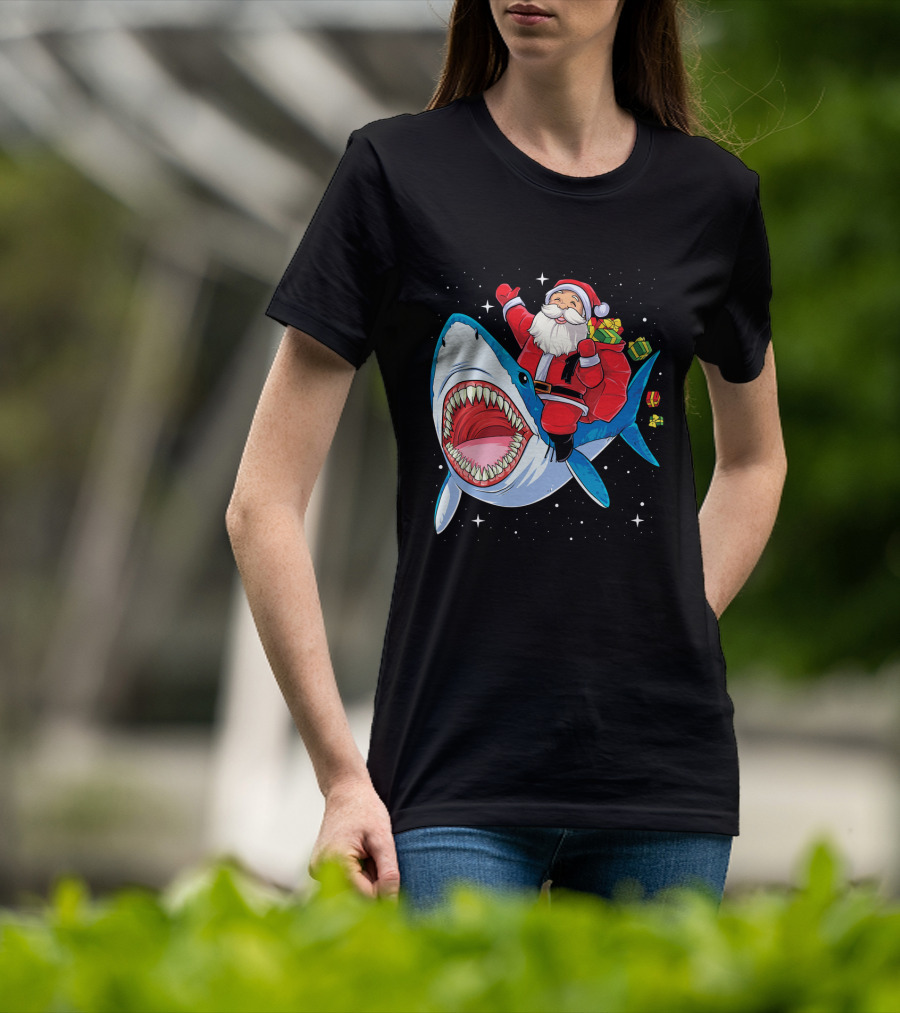 Santa Claus Riding A Shark With Gifts T-Shirt