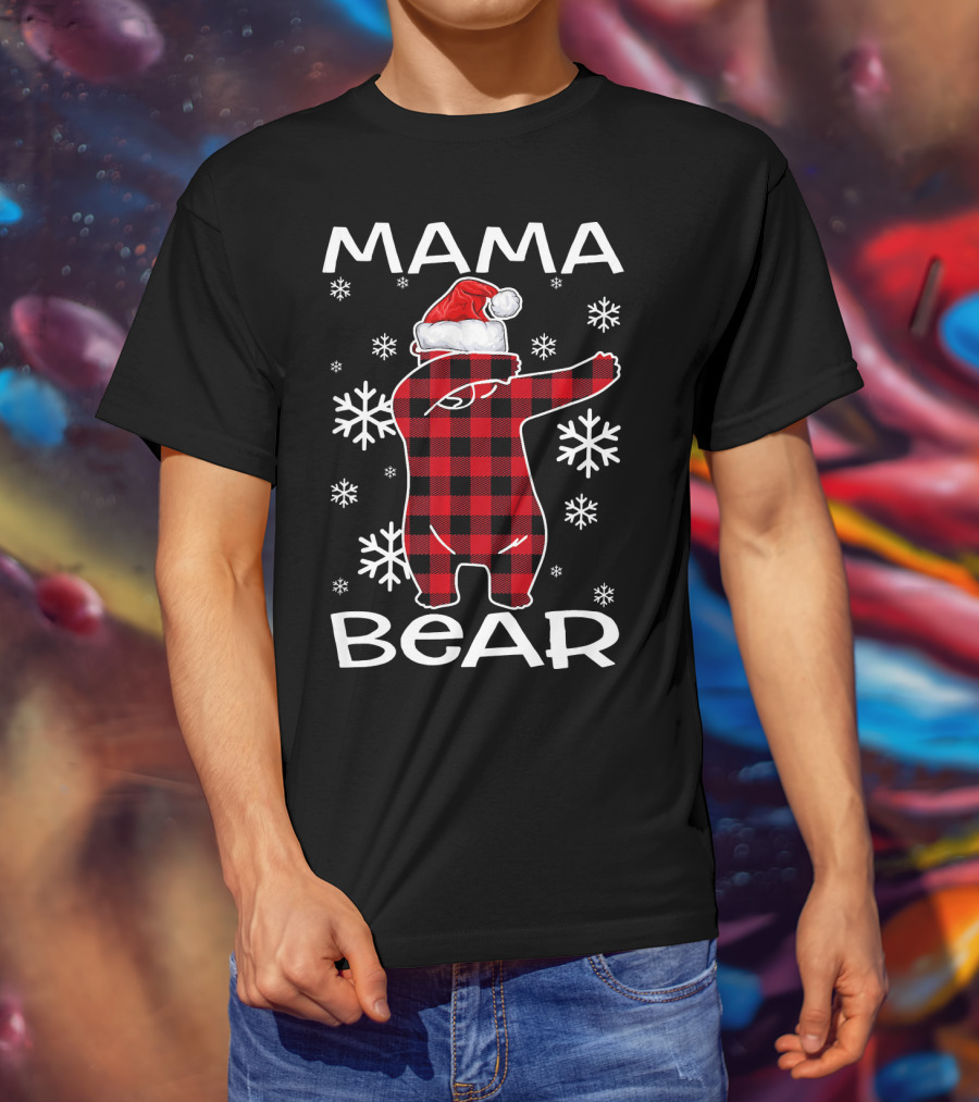 Mama Bear Dabbing Santa Hat Snowflakes T-Shirt