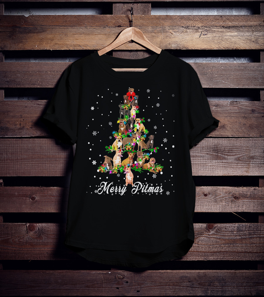 Merry Pitmas Pitbull Christmas Tree With Snowflakes And Holiday Decorations T-Shirt