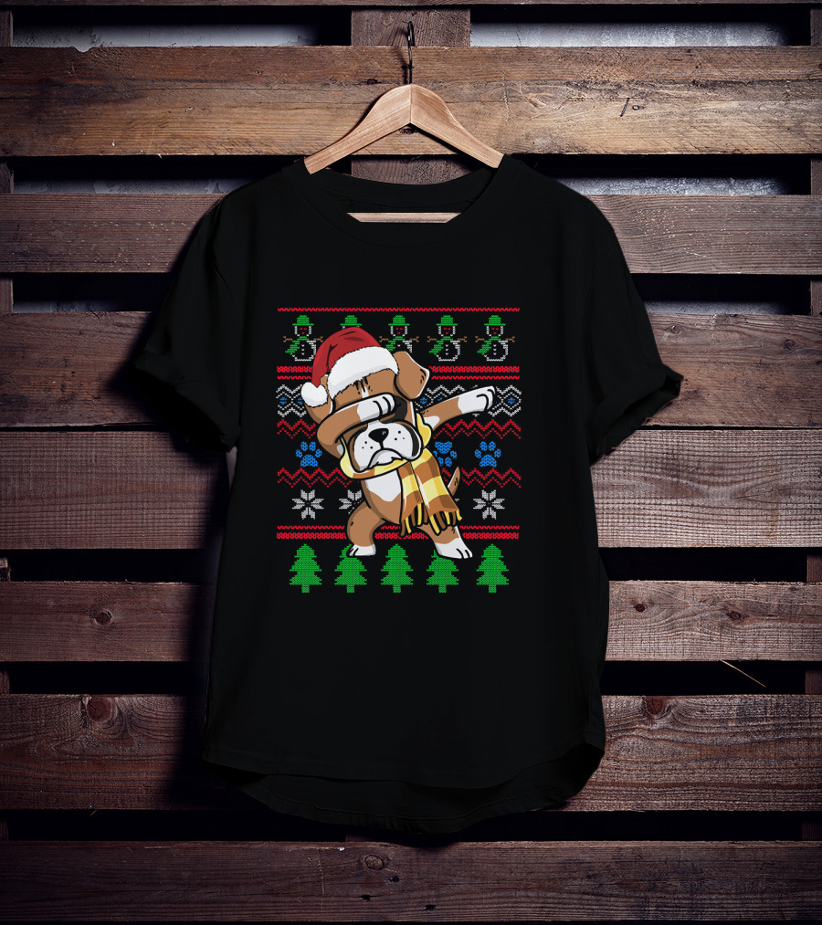 Xmas Boxer Dabbing Santa Hat UglyStyle Sweater Pattern Snowflakes Trees T-Shirt
