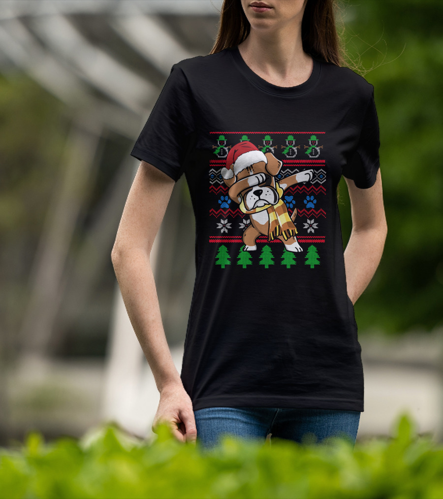 Xmas Boxer Dabbing Santa Hat UglyStyle Sweater Pattern Snowflakes Trees T-Shirt
