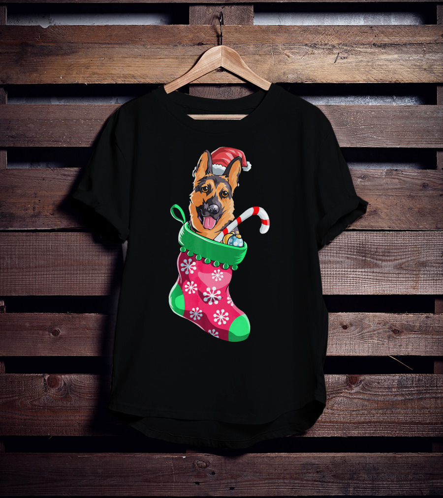 German Shepherd In Christmas Santa Hat Stocking With Candy Cane T-Shirt