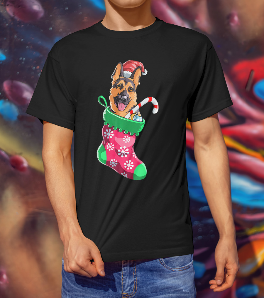 German Shepherd In Christmas Santa Hat Stocking With Candy Cane T-Shirt