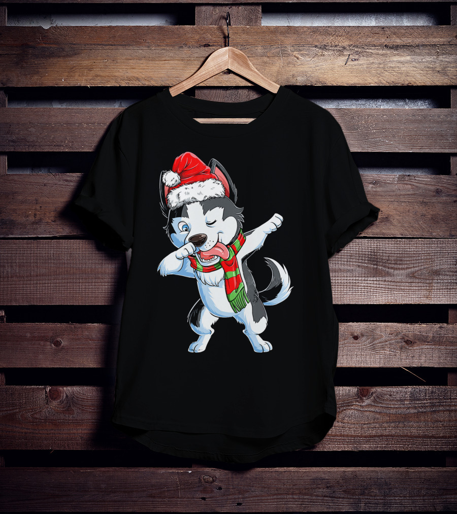 Dabbing Siberian Husky Santa Christmas Dog With Scarf T-Shirt