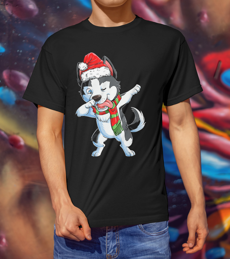 Dabbing Siberian Husky Santa Christmas Dog With Scarf T-Shirt