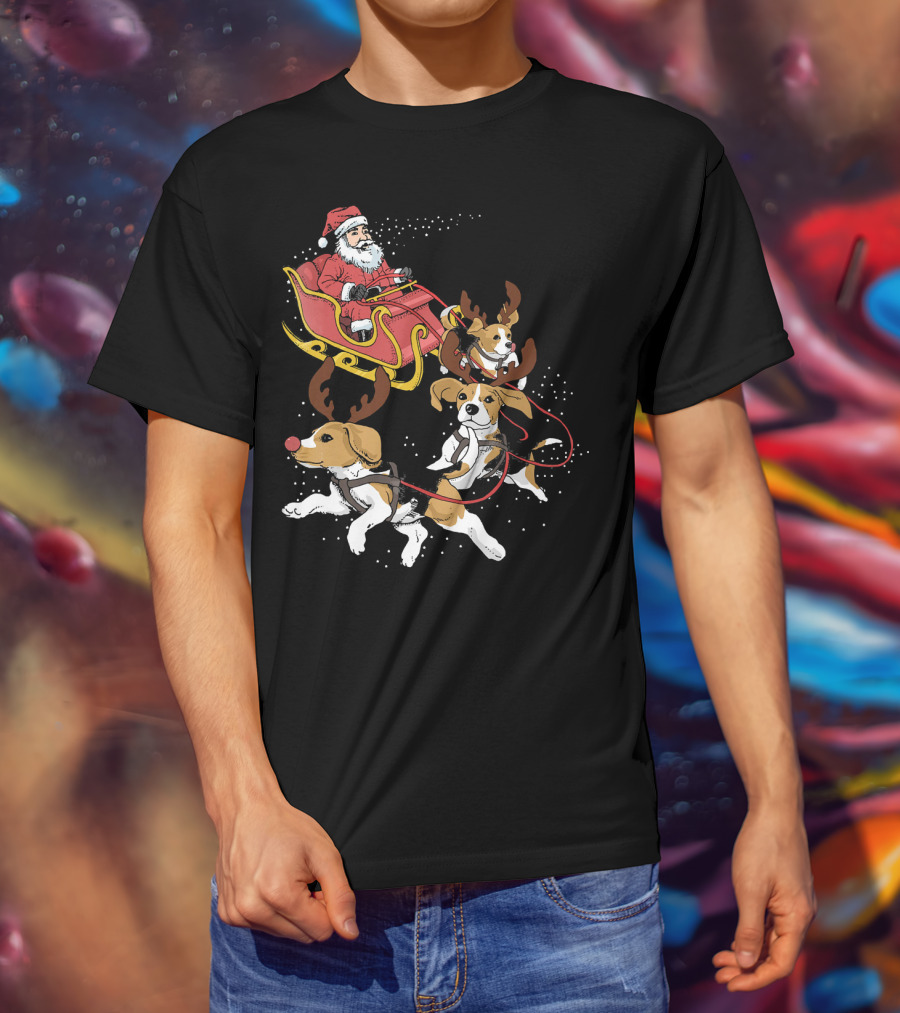 Santa's Sleigh With Beagle Reindeer Trio T-Shirt