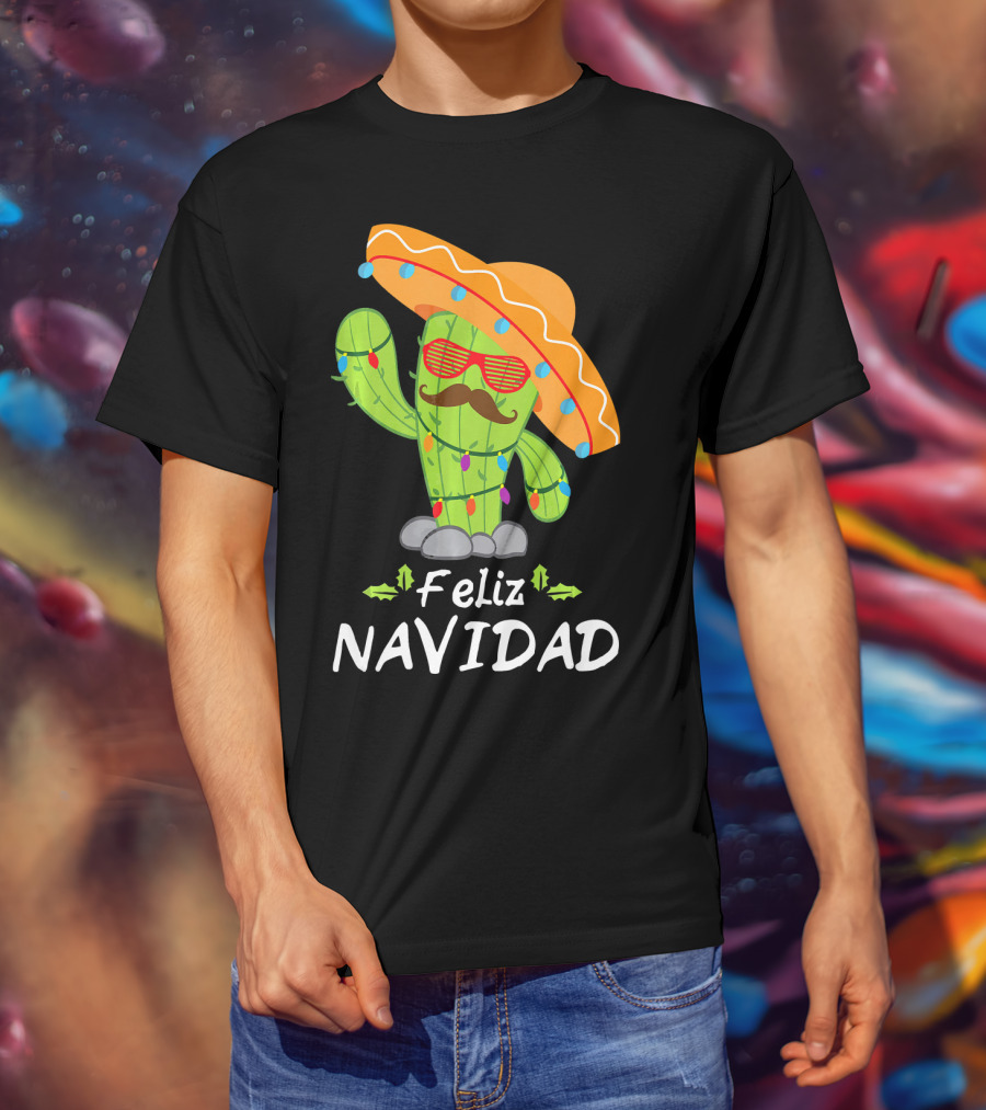 Feliz Navidad Cactus Mexican Tree Christmas Sombrero Lights T-Shirt