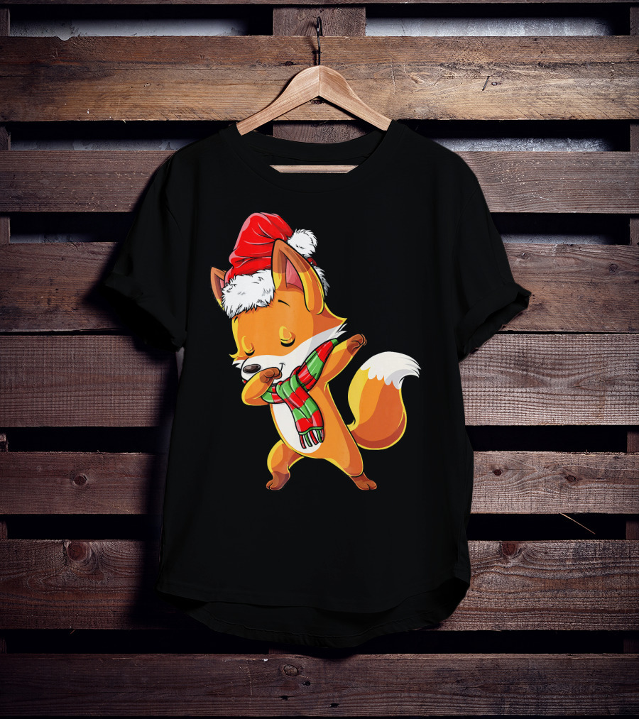 Christmas Dab Fox With Santa Hat And Scarf T-Shirt