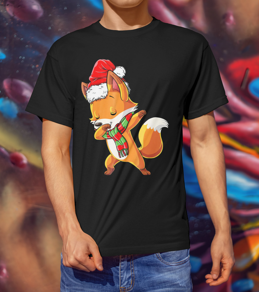 Christmas Dab Fox With Santa Hat And Scarf T-Shirt