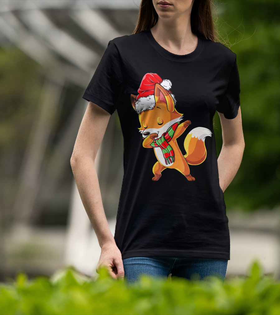 Christmas Dab Fox With Santa Hat And Scarf T-Shirt