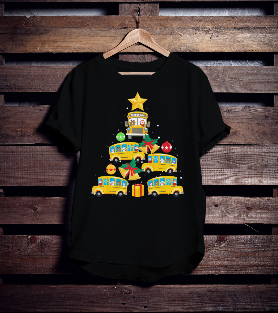 School Bus Christmas Tree With Santa Reindeer Ornaments And Gifts T-Shirt