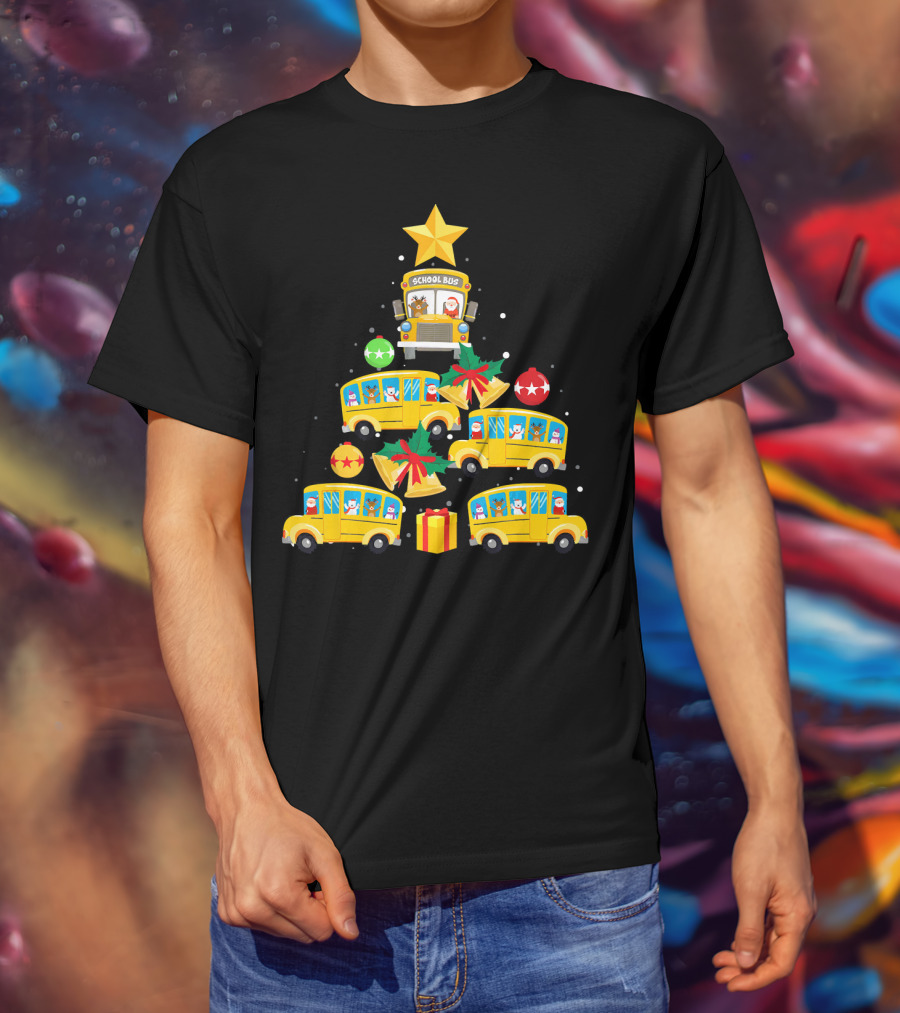School Bus Christmas Tree With Santa Reindeer Ornaments And Gifts T-Shirt