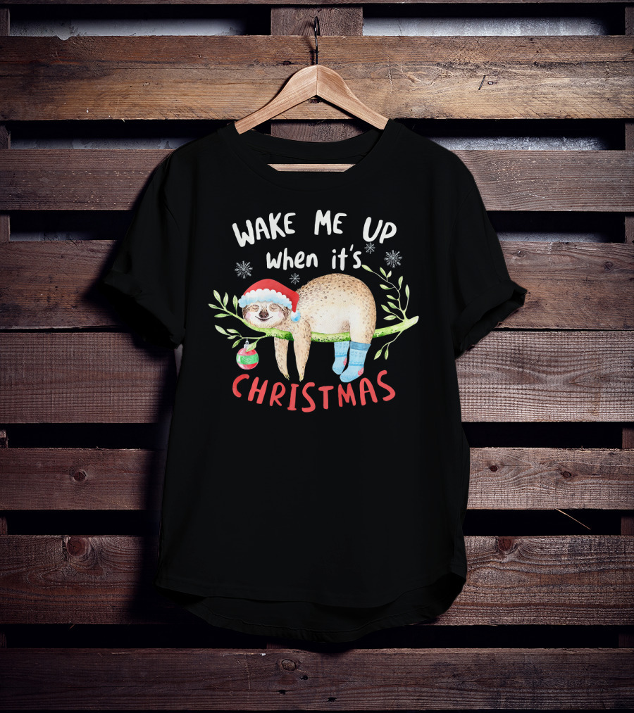 Wake Me Up When It's Christmas Cute Sloth With Santa Hat T-Shirt