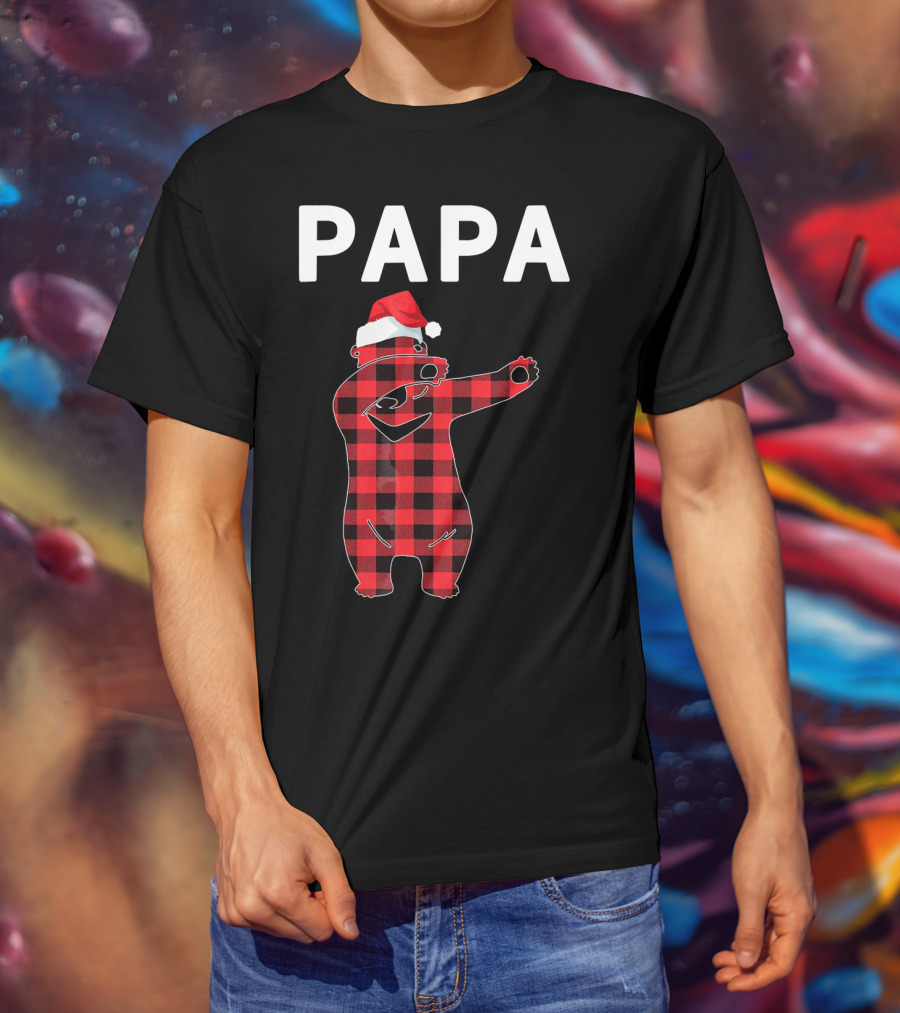PAPA Bear Plaid Santa Hat Christmas Dabbing T-Shirt
