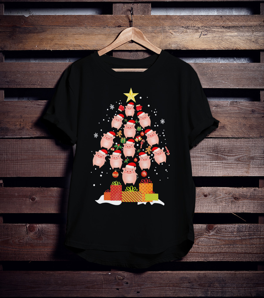 Christmas Tree Of Santa Hat Pigs With Gifts And Snowflakes T-Shirt